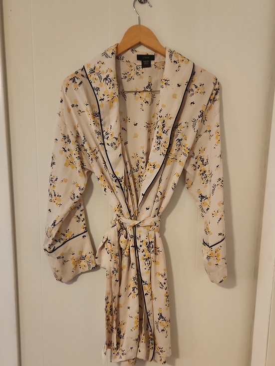 J. Crew Jackets & Blazers - J. Crew Floral Satin Robe in Cream, Yellow & Black Trim